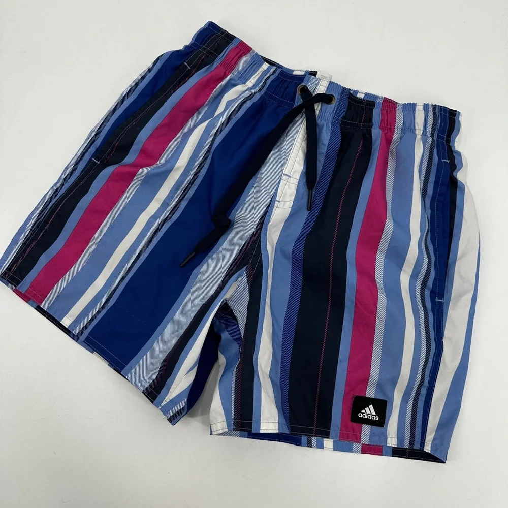 Adidas Mens Swim Trunks XS Blue‎ Pink Striped Mesh Lined Drawstring Shorts Surf
